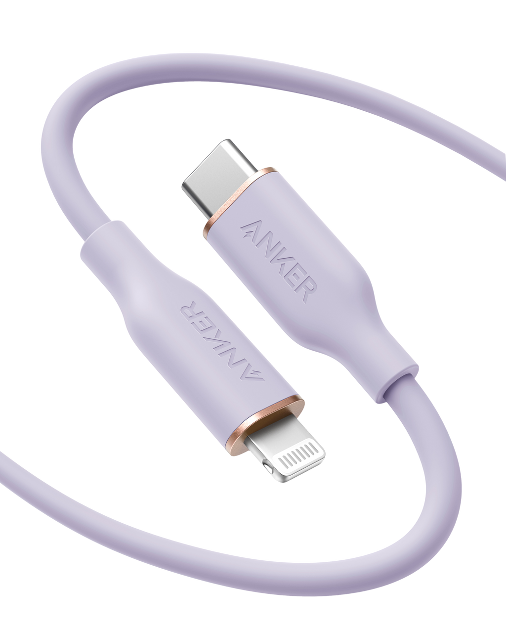 Anker 641 USB-C to Lightning silicone charging cable with MFi certification and 25,000 bend rating, shown coiled.