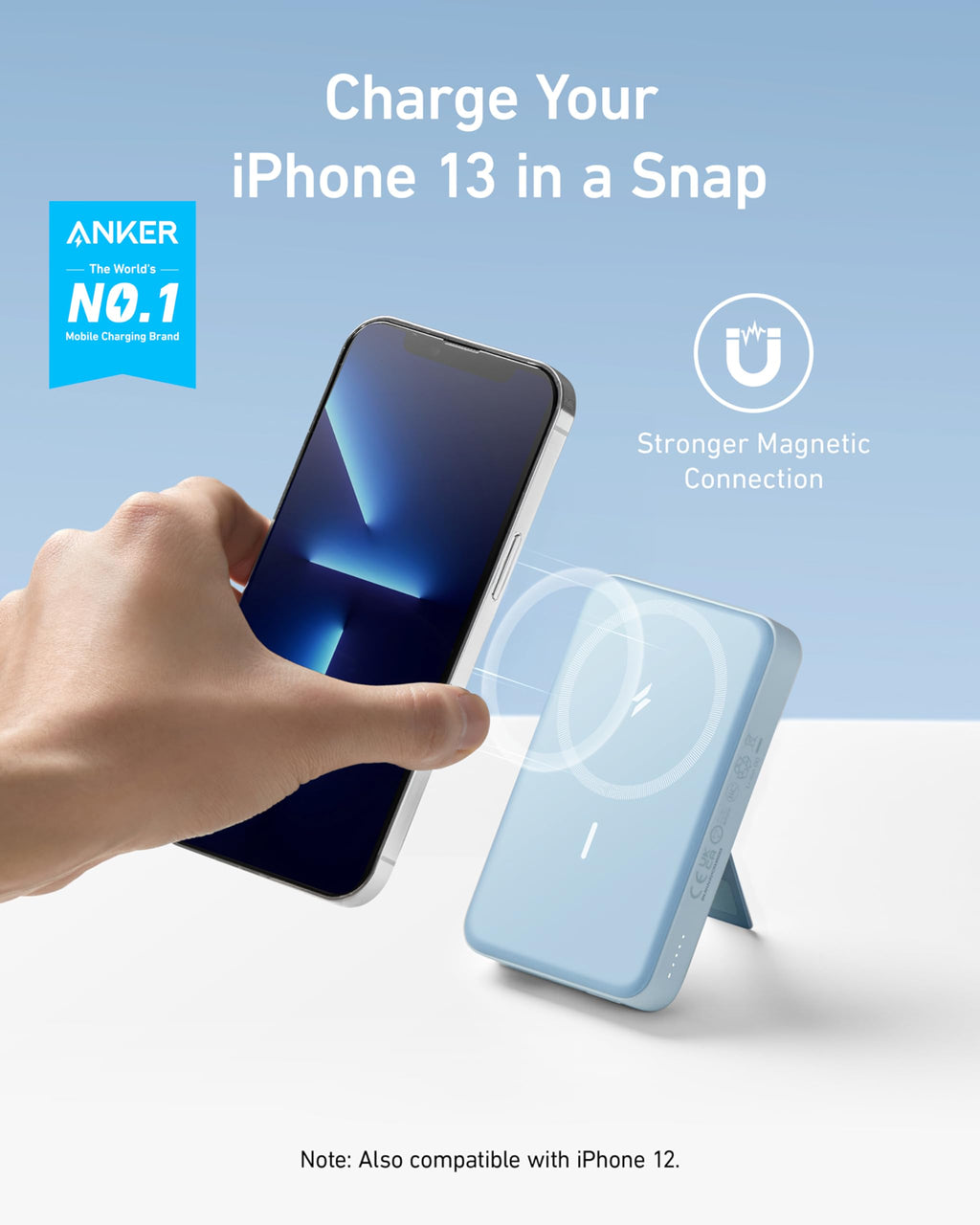 Blue Anker 633 MagSafe-compatible magnetic battery with 10,000mAh capacity and foldable stand for portable charging.