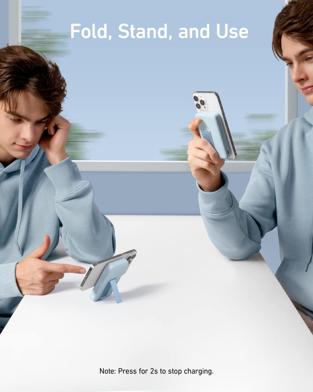 Blue Anker 633 MagSafe-compatible magnetic battery with 10,000mAh capacity and foldable stand for charging devices.