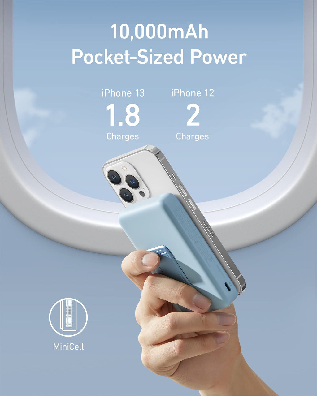 Anker 633 MagSafe-compatible magnetic battery with 10,000mAh capacity and foldable stand, shown in blue with charging features.
