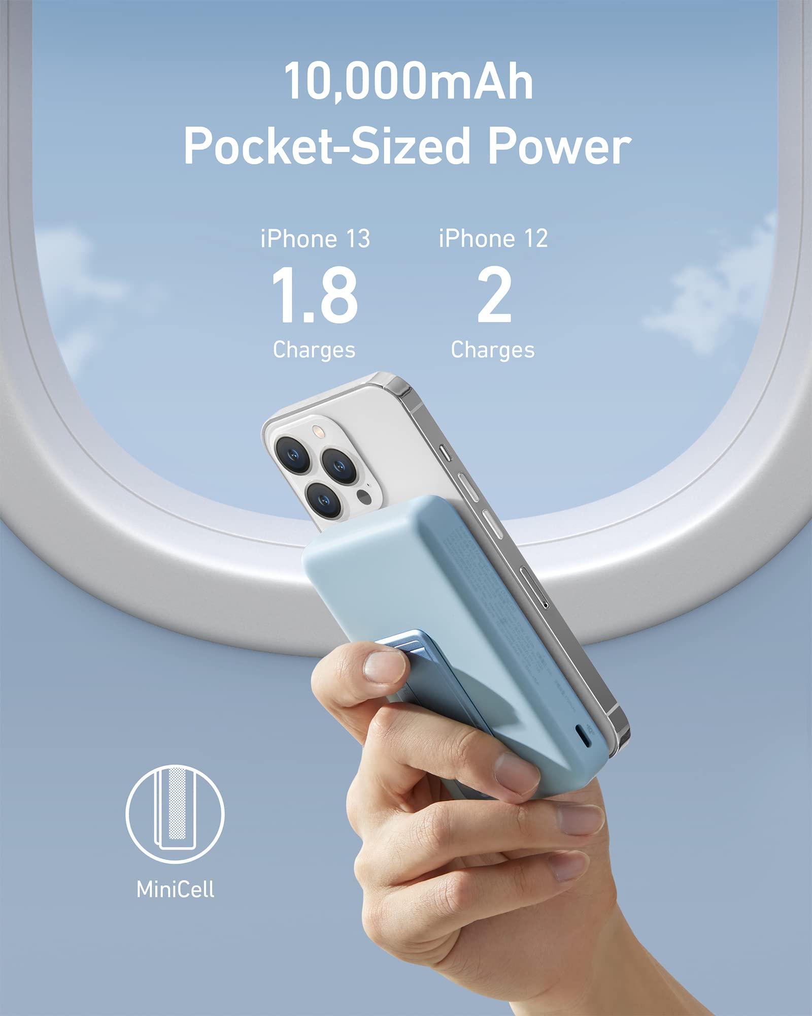 Anker 633 MagSafe-compatible magnetic battery with 10,000mAh capacity and foldable stand, shown in blue with charging features.