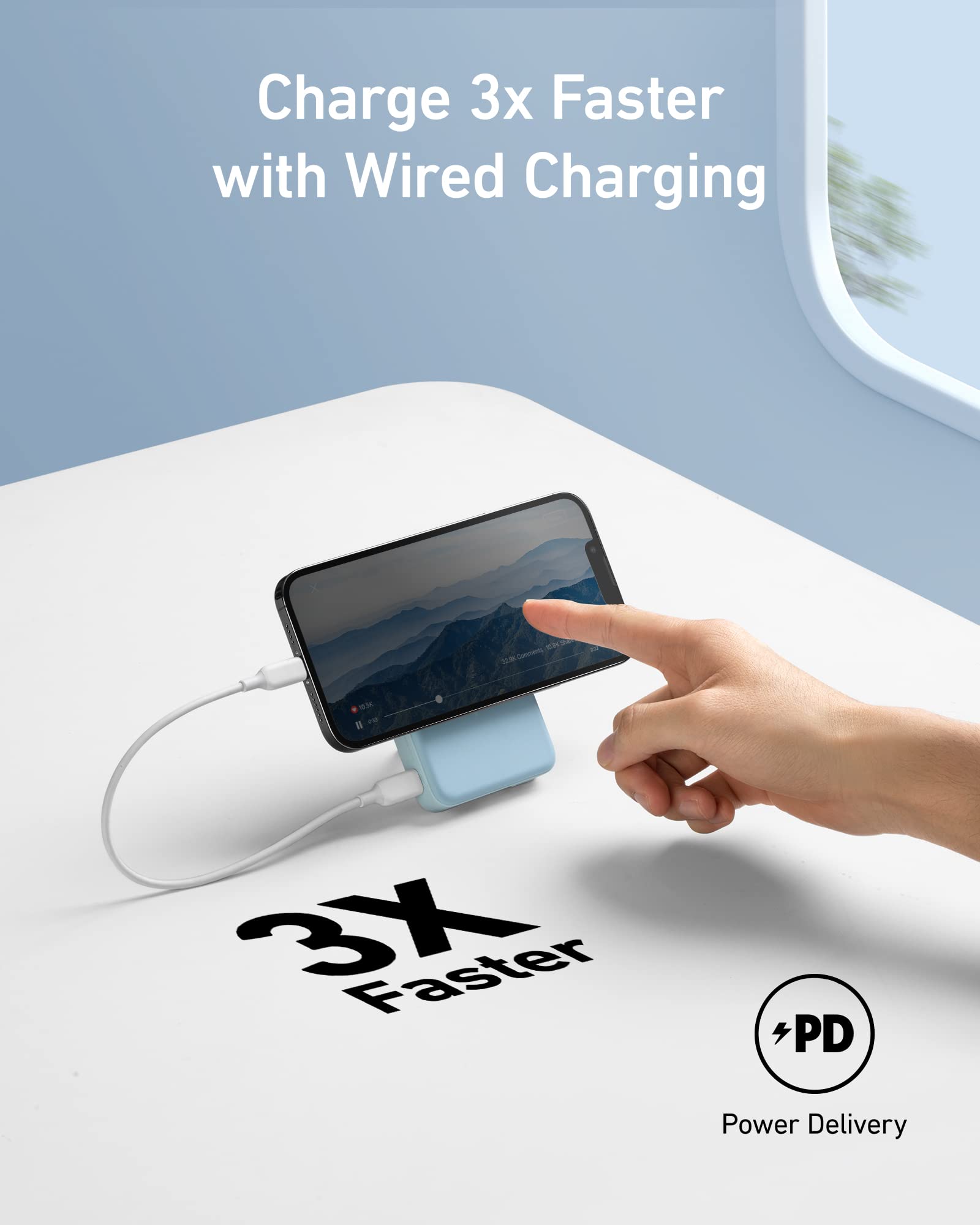 Anker 633 MagSafe-compatible magnetic battery pack in blue with a foldable stand and 10,000mAh capacity for charging devices.