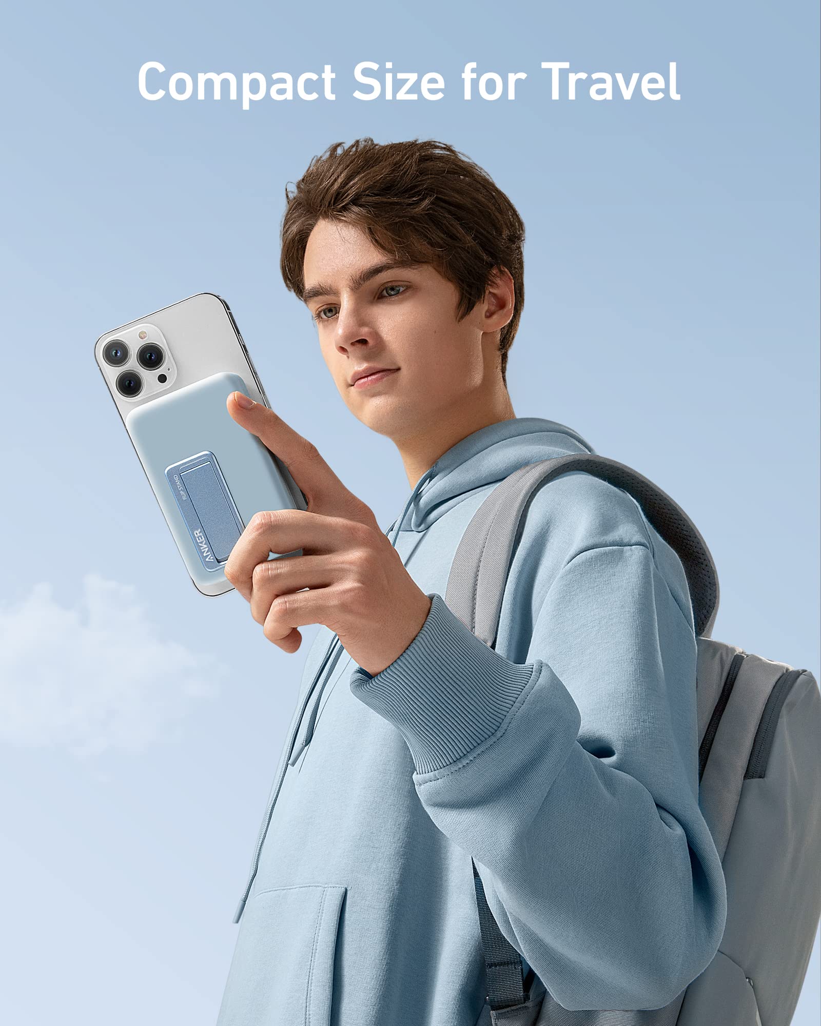 Blue Anker 633 MagSafe-compatible magnetic battery with 10,000mAh capacity and foldable stand for portable charging.