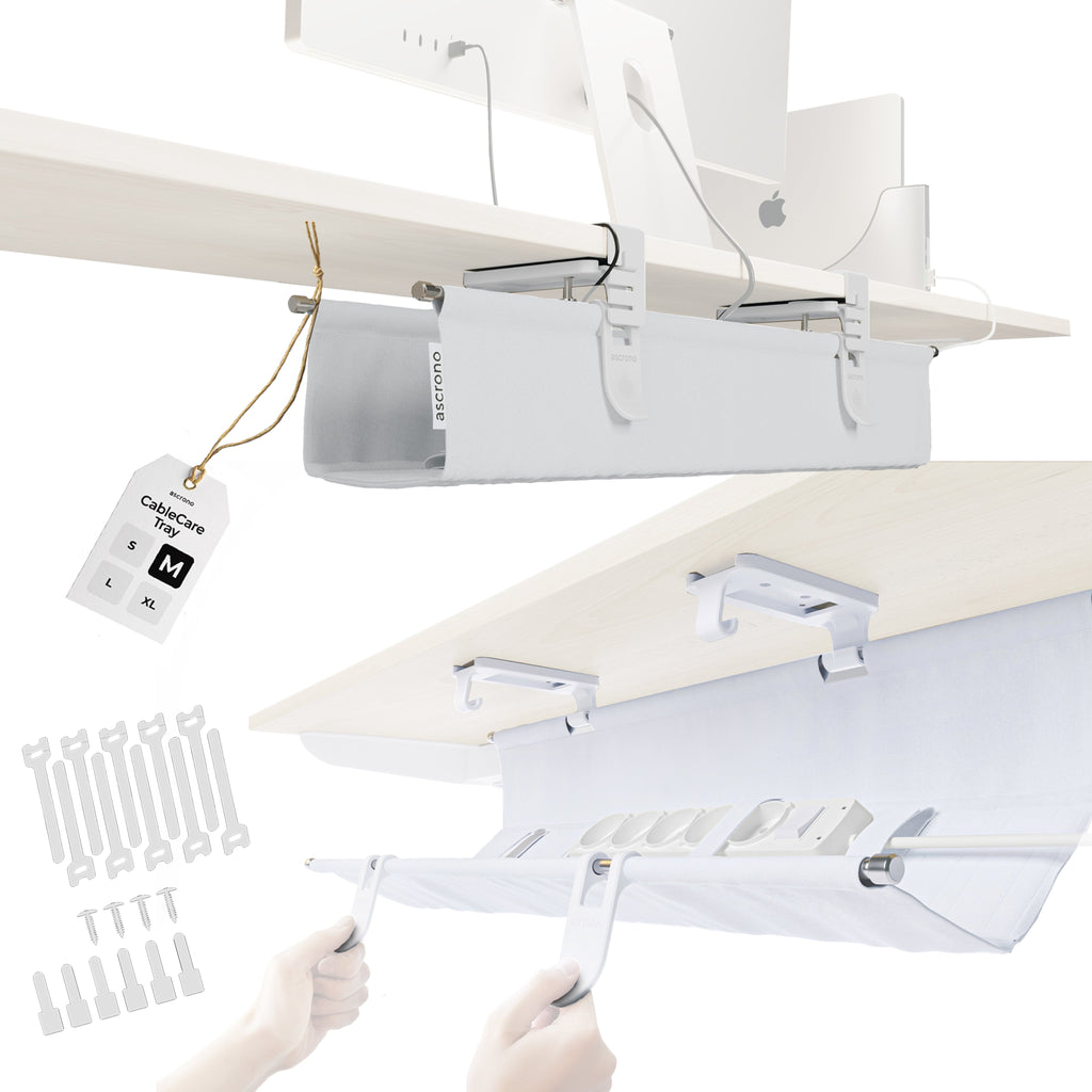White Ascrono CableCare Tray with open slats for cable organization and ventilation, designed for efficient cable management.