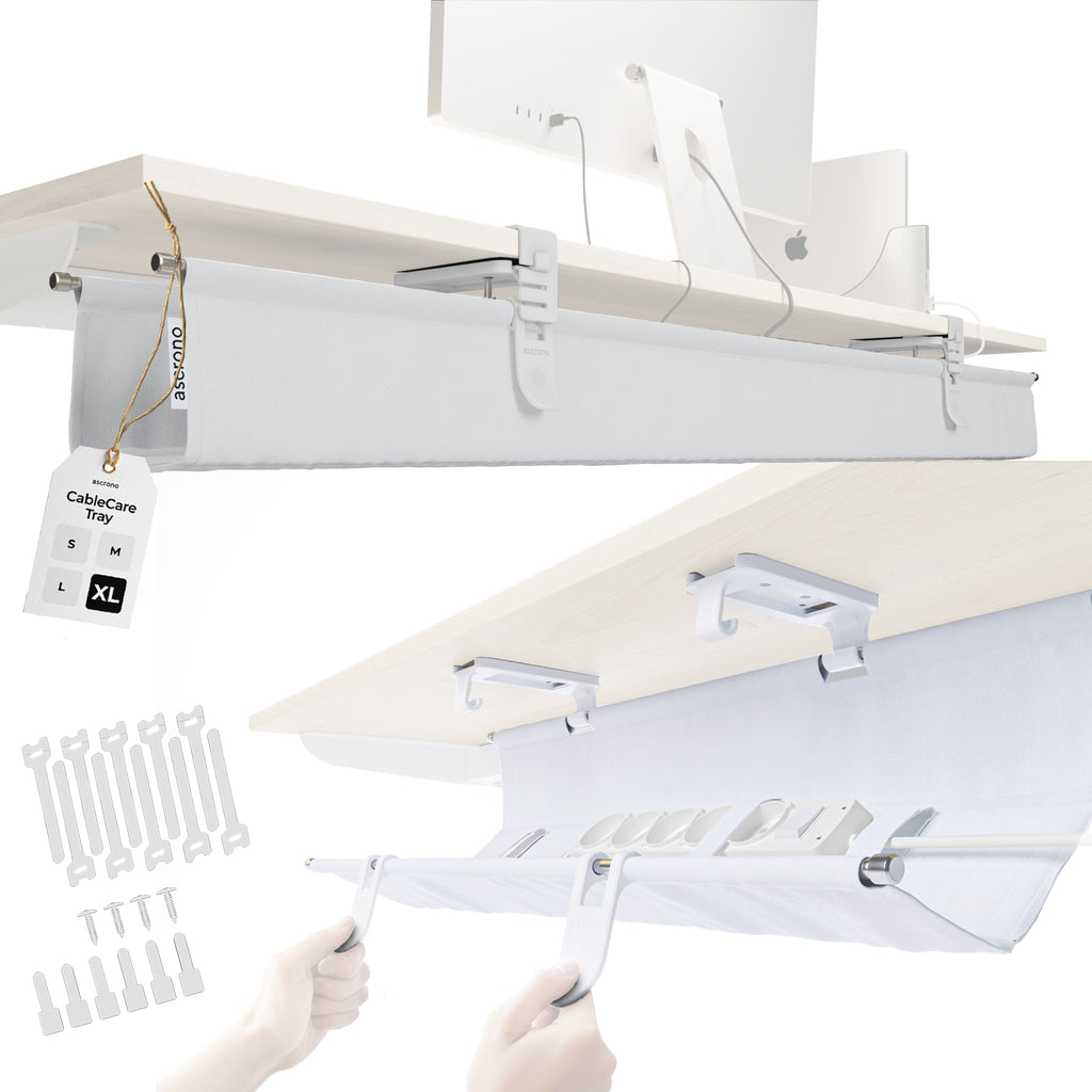 Ascrono CableCare Tray in white, XL size, showing a sturdy cable tray for organized wiring and cable management.