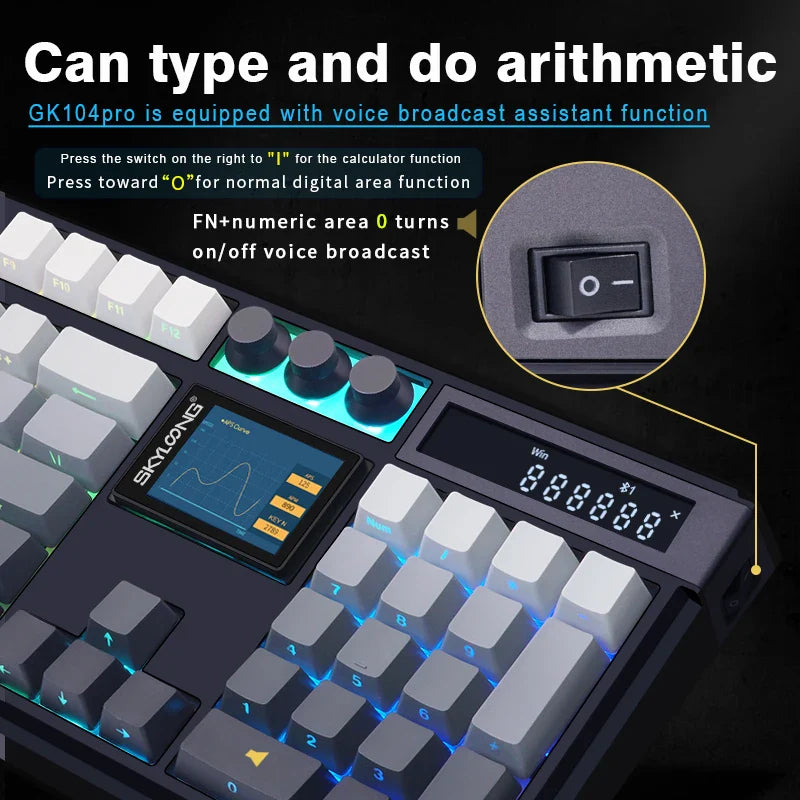 Wireless mechanical keyboard with PBT keycaps, 3.0 screen, 3 knobs, hot-swappable silent switches by Electronics Den