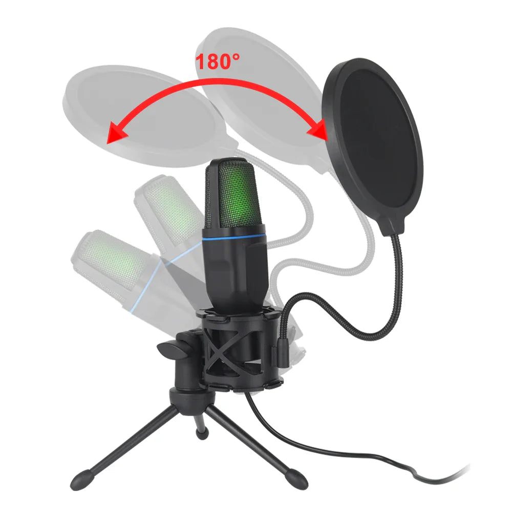 Covers4phones RGB USB condenser microphone with adjustable stand, ideal for streaming, podcasting, and gaming.