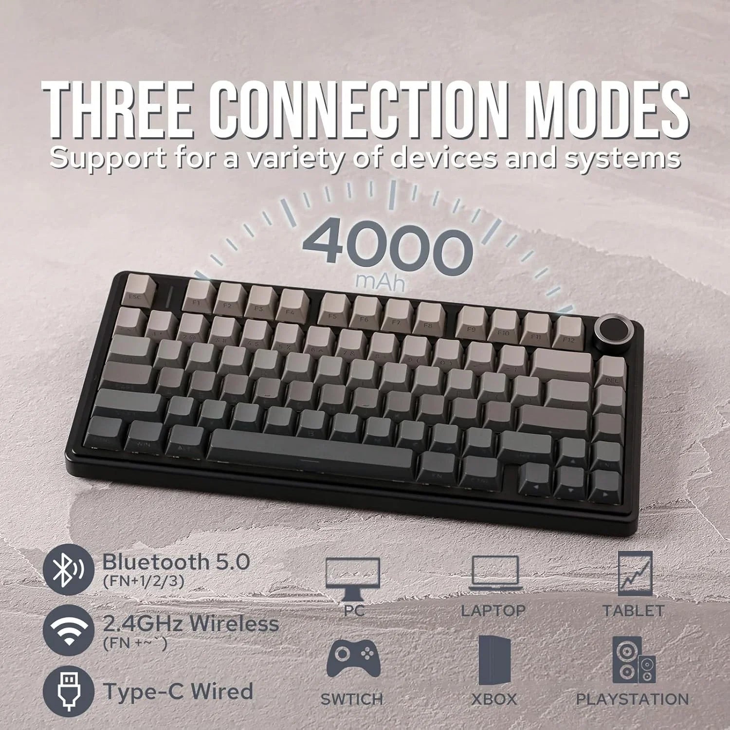 Wireless gaming mechanical keyboard with gasket mounting and RGB backlit keys, designed for enhanced gaming performance.