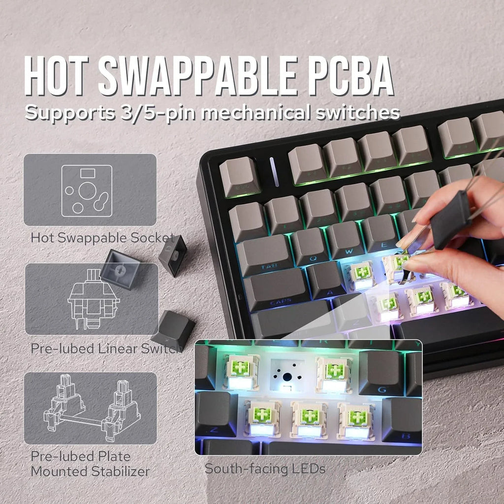 Wireless gaming mechanical keyboard with gasket mounting, featuring RGB backlit keys and sleek black design by Electronics Den.