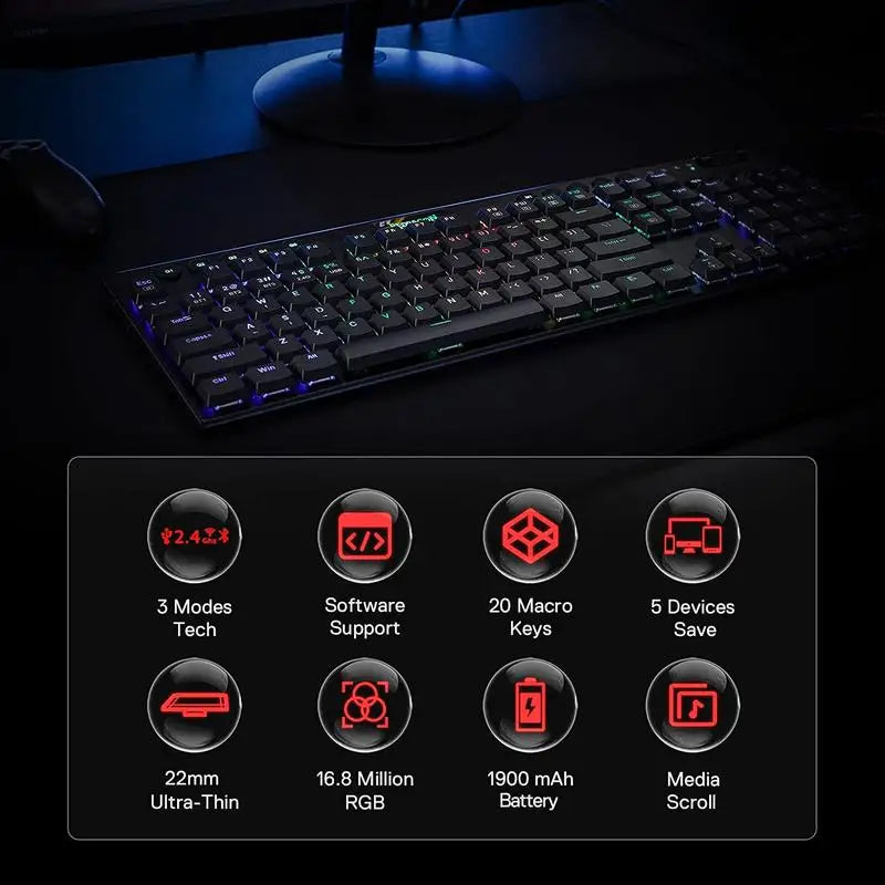 K618 Horus wireless RGB mechanical keyboard with backlit keys and sleek design from Electronics Den.