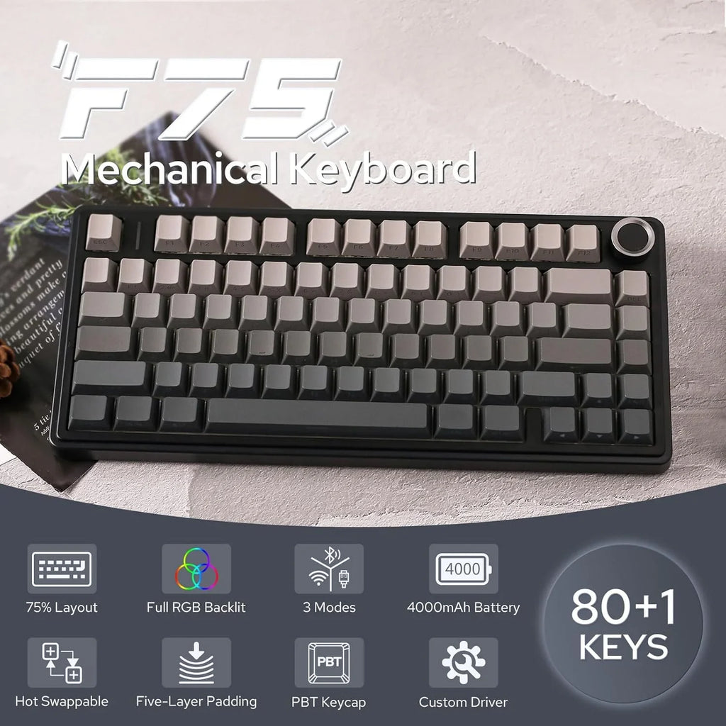 Electronics Den F75 Pro gasket-mounted wireless gaming mechanical keyboard with RGB backlit keys and sleek design.