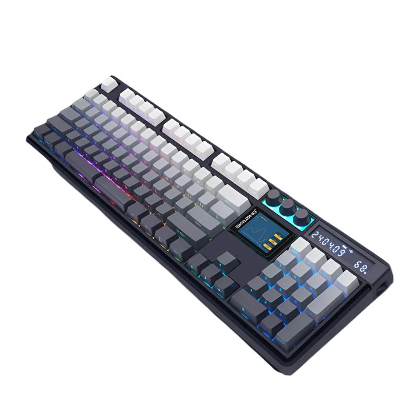 Wireless mechanical keyboard by Electronics Den with PBT keycaps, 3 knobs, hot-swappable silent switches, and a built-in 3.0 screen.