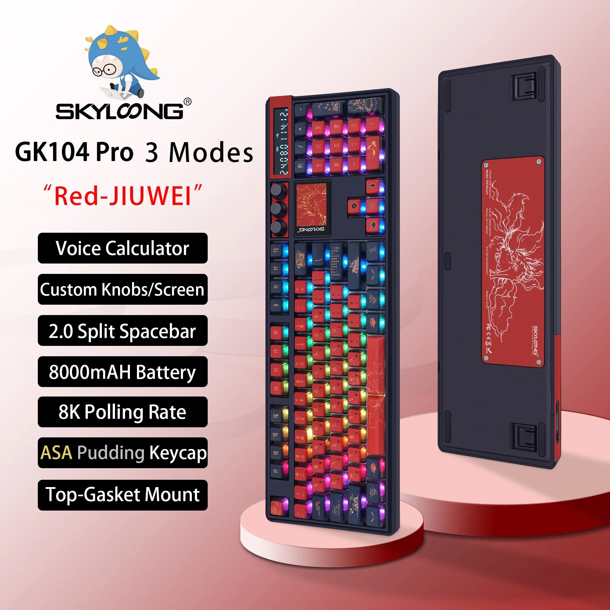 Wireless mechanical keyboard with 3.0 screen, three knobs, hot-swappable silent switches, and PBT keycaps by Electronics Den.