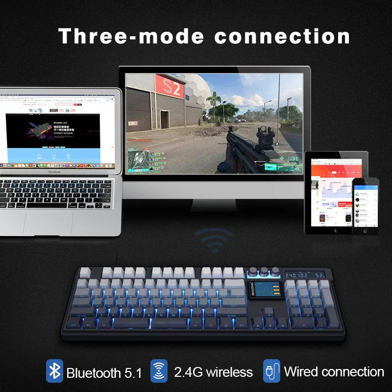 Wireless mechanical keyboard with PBT keycaps, 3.0 screen, 3 knobs, hot-swappable silent switches from Electronics Den