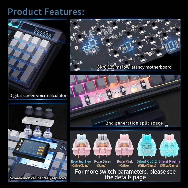 Wireless mechanical keyboard with PBT keycaps, 3.0 screen, 3 knobs, hot-swappable silent switches by Electronics Den