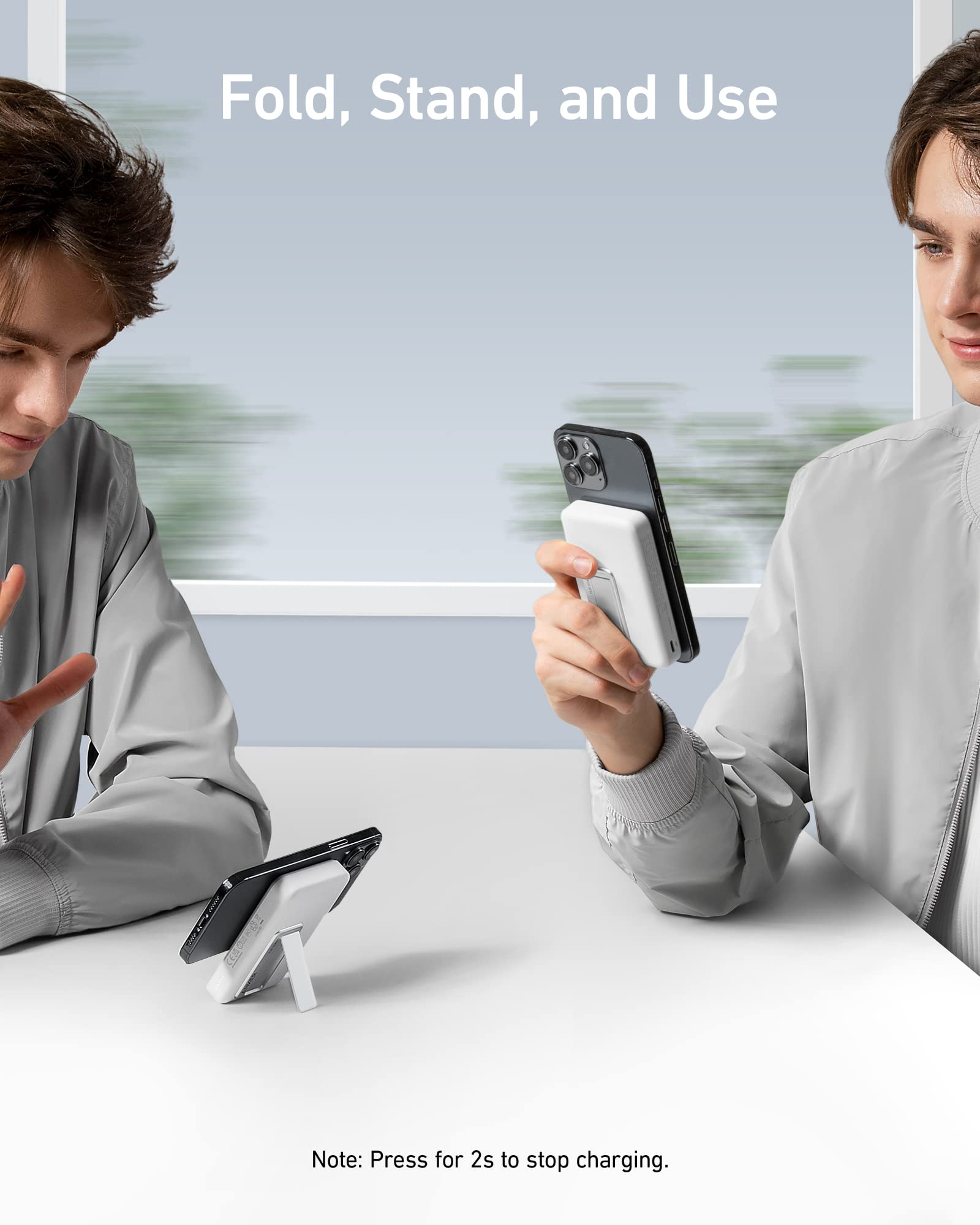 Anker 633 MagSafe-compatible magnetic battery charger with 10,000mAh capacity and foldable stand in white color.