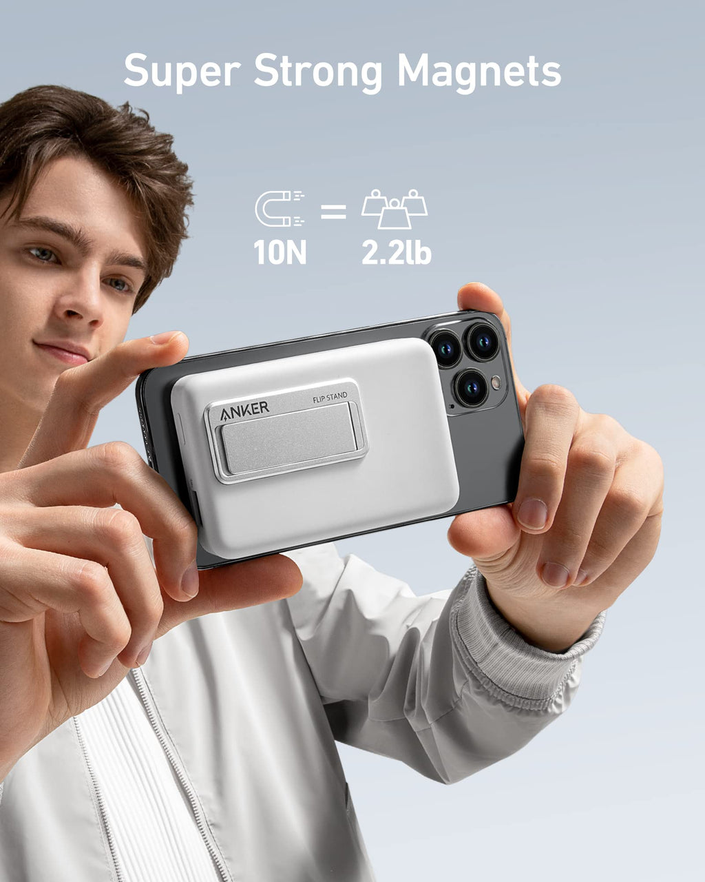 Anker 633 MagSafe-compatible magnetic battery with foldable stand, 10,000mAh portable charger in white, designed for easy charging.