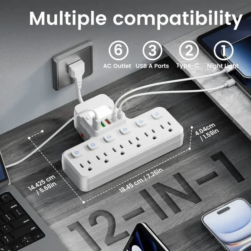 12-in-1 adjustable desk lamp power strip with 6 AC outlets, 3 USB-A ports, 2 Type-C ports, and surge protection from DailySale