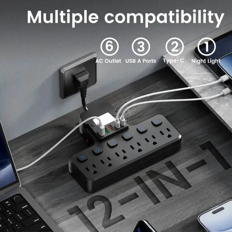 DailySale 12-in-1 adjustable desk lamp power strip with 6 AC outlets, 3 USB-A, 2 Type-C ports, and surge protection.