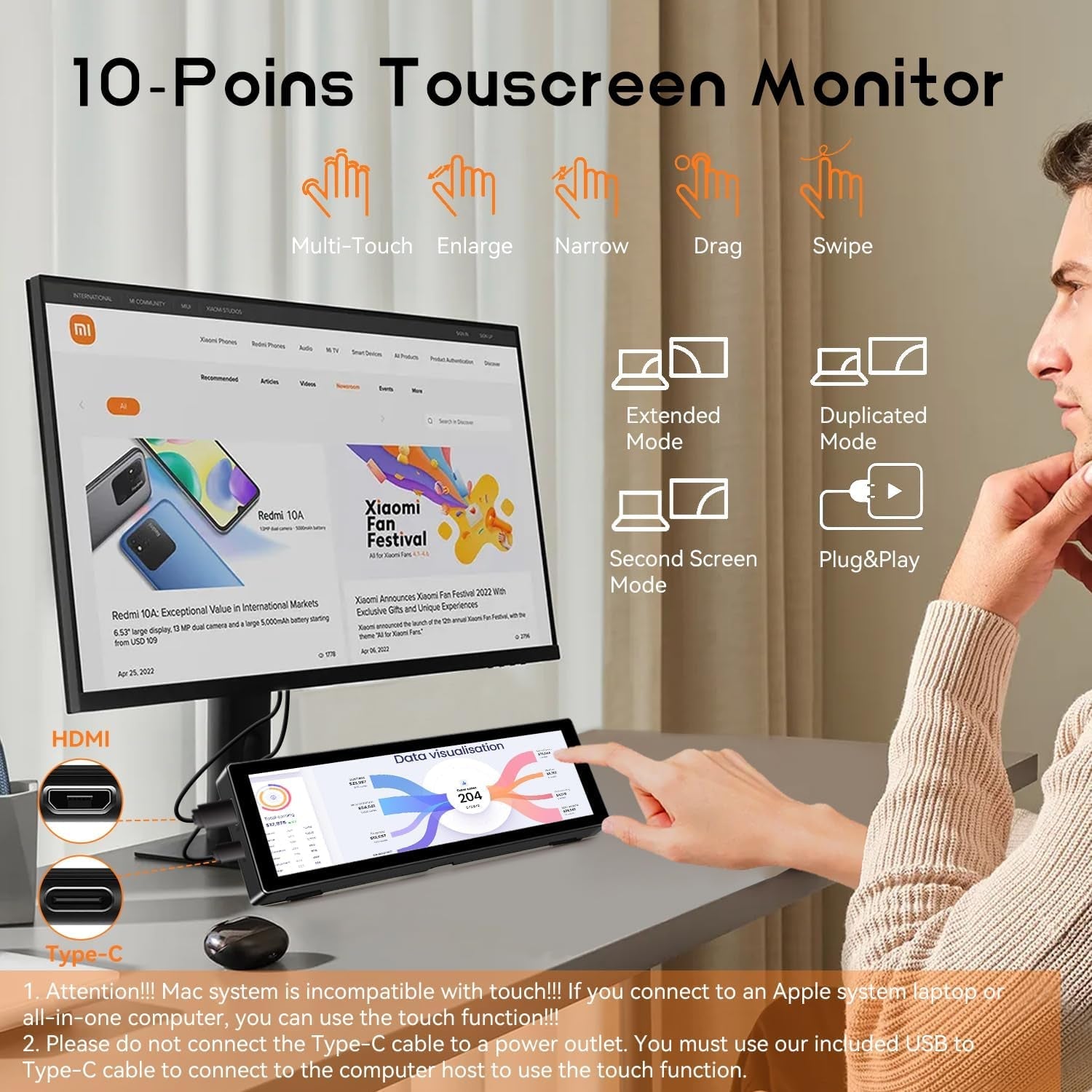 8.8" Touchscreen Secondary Monitor – 1920x480 IPS, PC Sensor Panel
